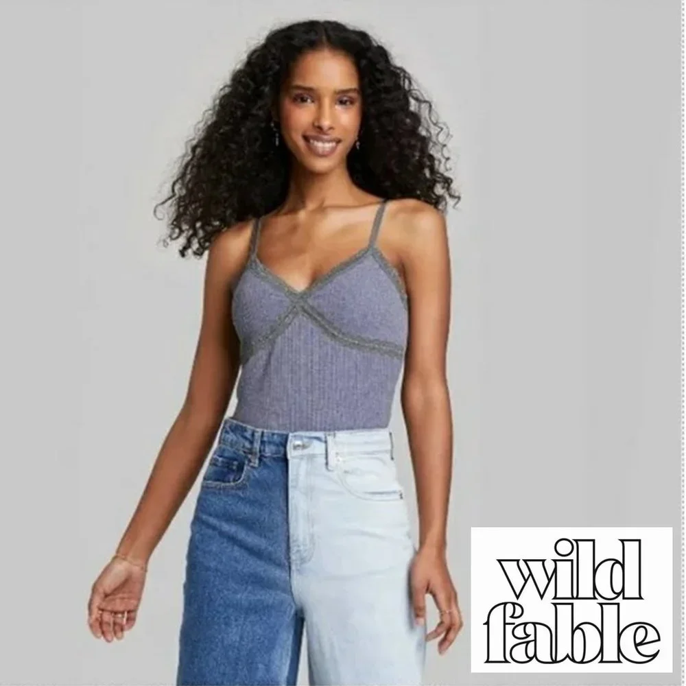 WILD FABLE Heather Gray Lace Trim Tiny Tank Ribbed Texture NWOT! - Picture 1 of 8